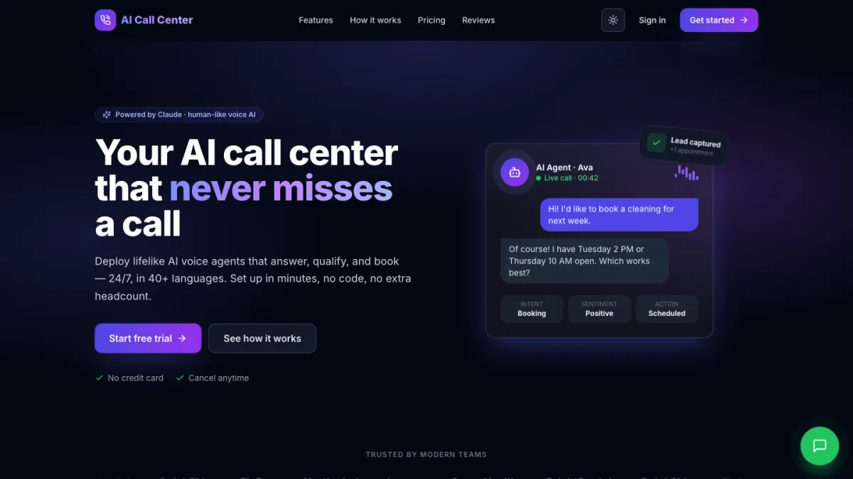 AI Call Center home page with a voice agent booking an appointment