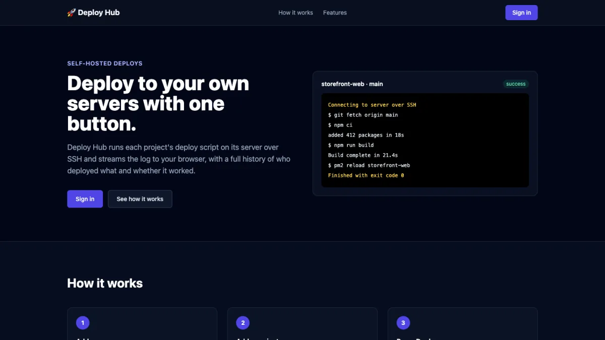 Deploy Hub home page: deploy to your own servers with one button