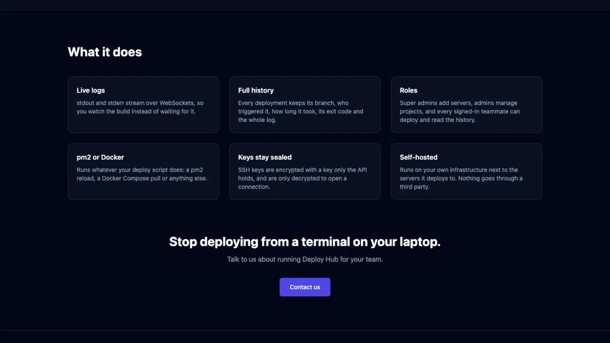Deploy Hub features: live logs, history, roles and sealed SSH keys