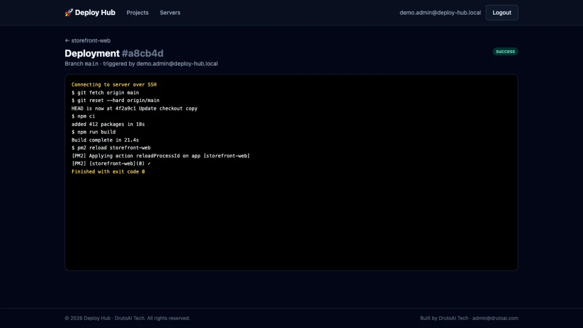 A successful deployment's streamed log ending in a pm2 reload