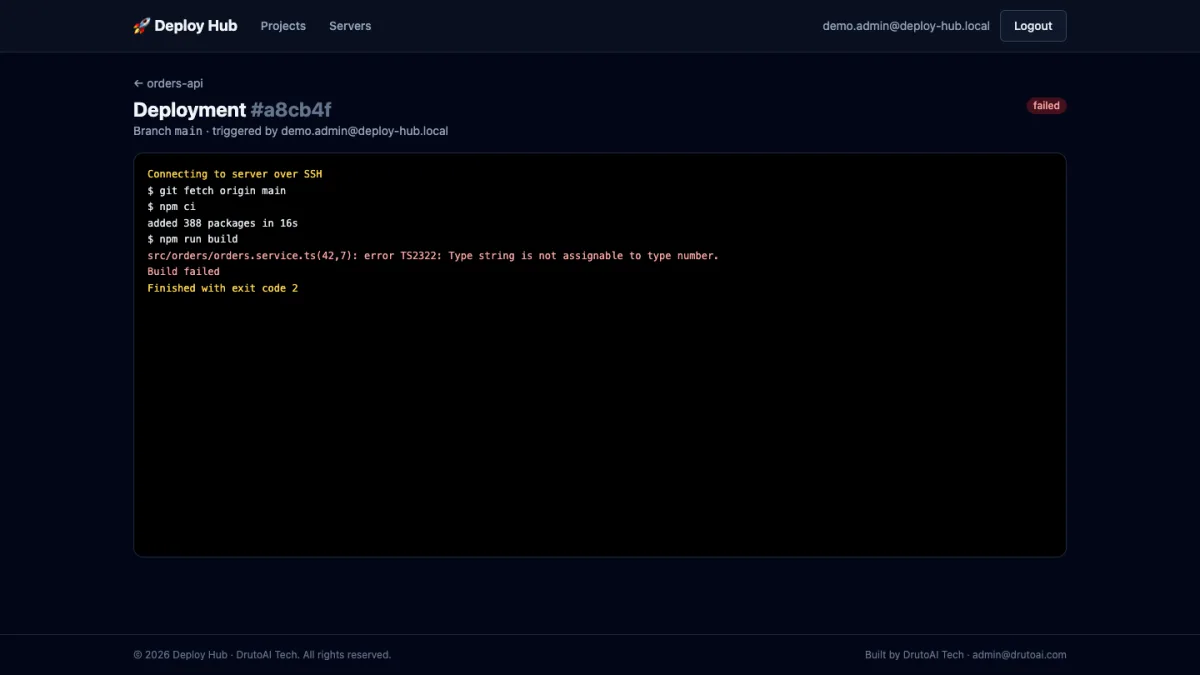 A failed deployment's log showing the build error and exit code