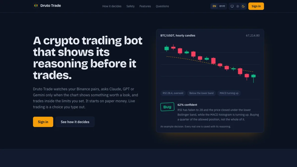 Druto Trade home page: a crypto trading bot that shows its reasoning before it trades, with an example AI buy decision