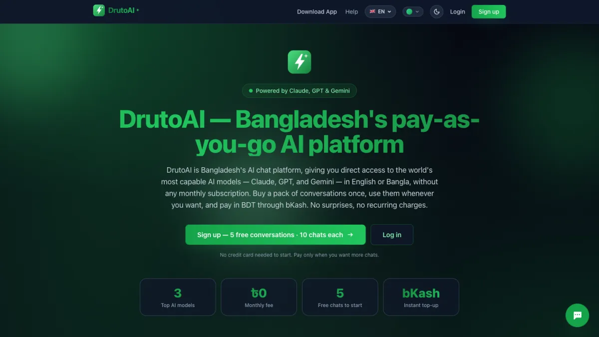 DrutoAI home page: Bangladesh's pay-as-you-go AI platform