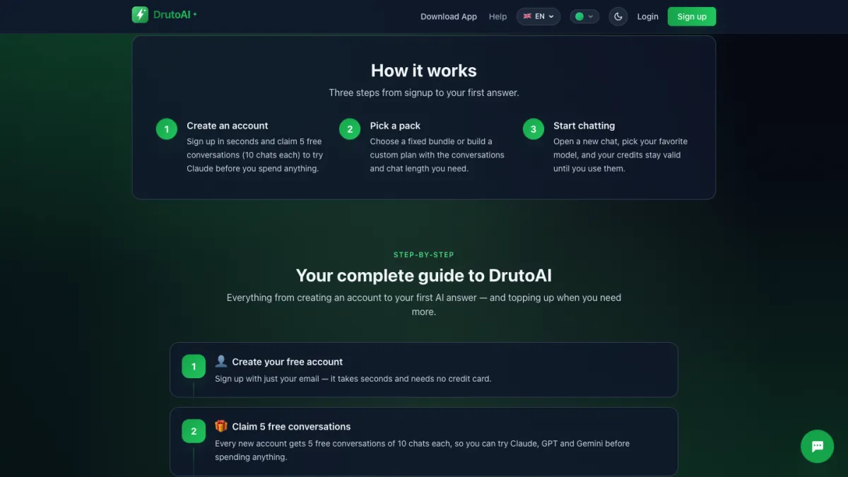 DrutoAI how it works: create an account, pick a pack, start chatting