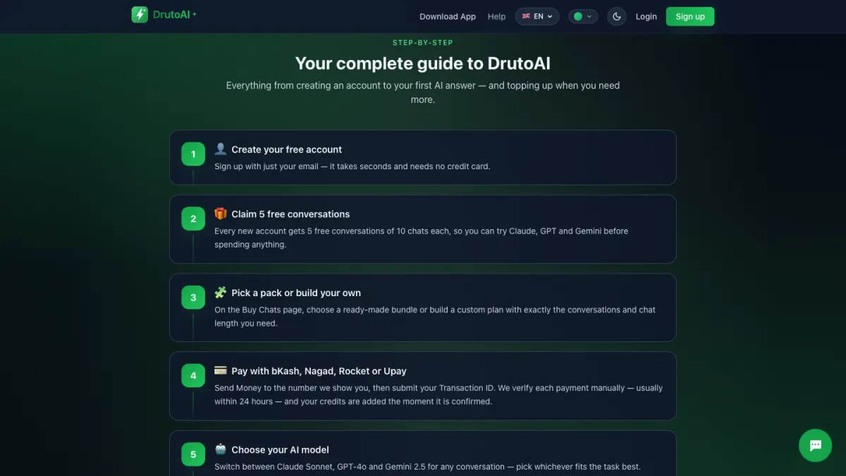 DrutoAI step-by-step guide from sign-up to topping up