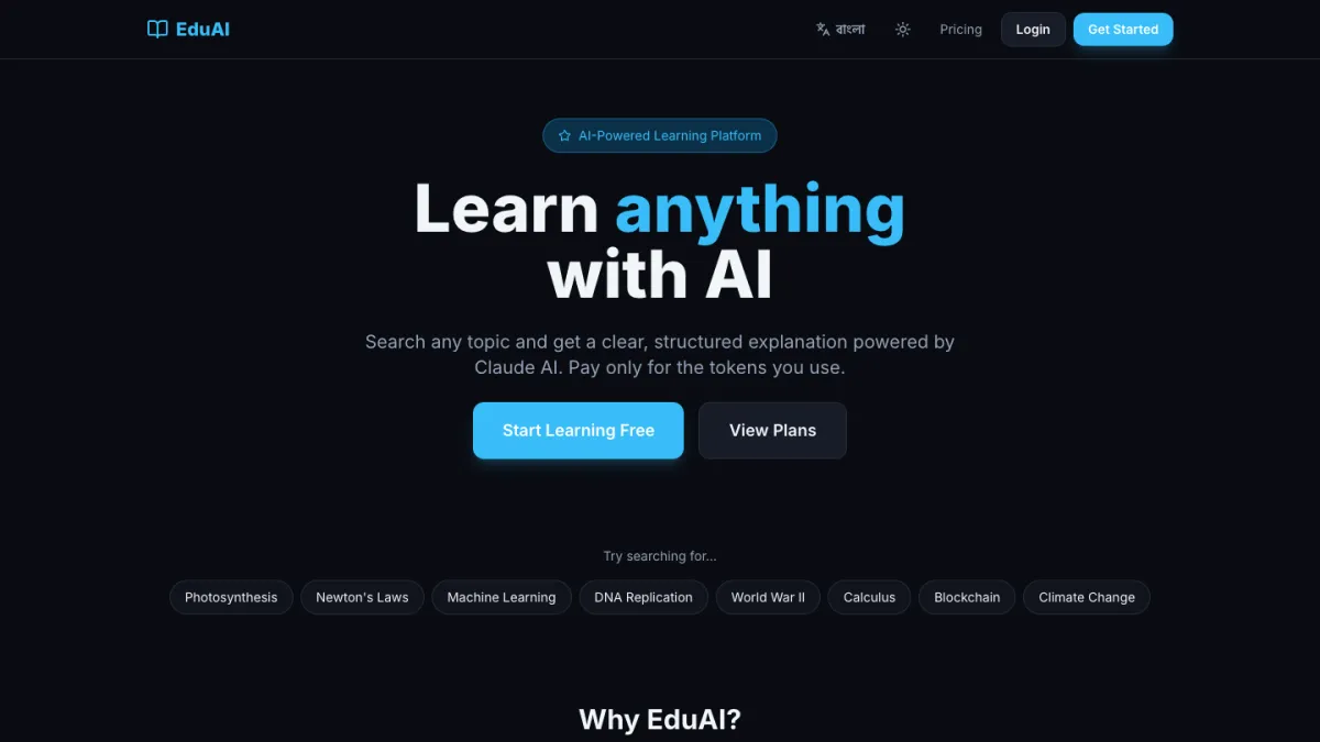 EduAI home page: learn anything with AI, with suggested topics