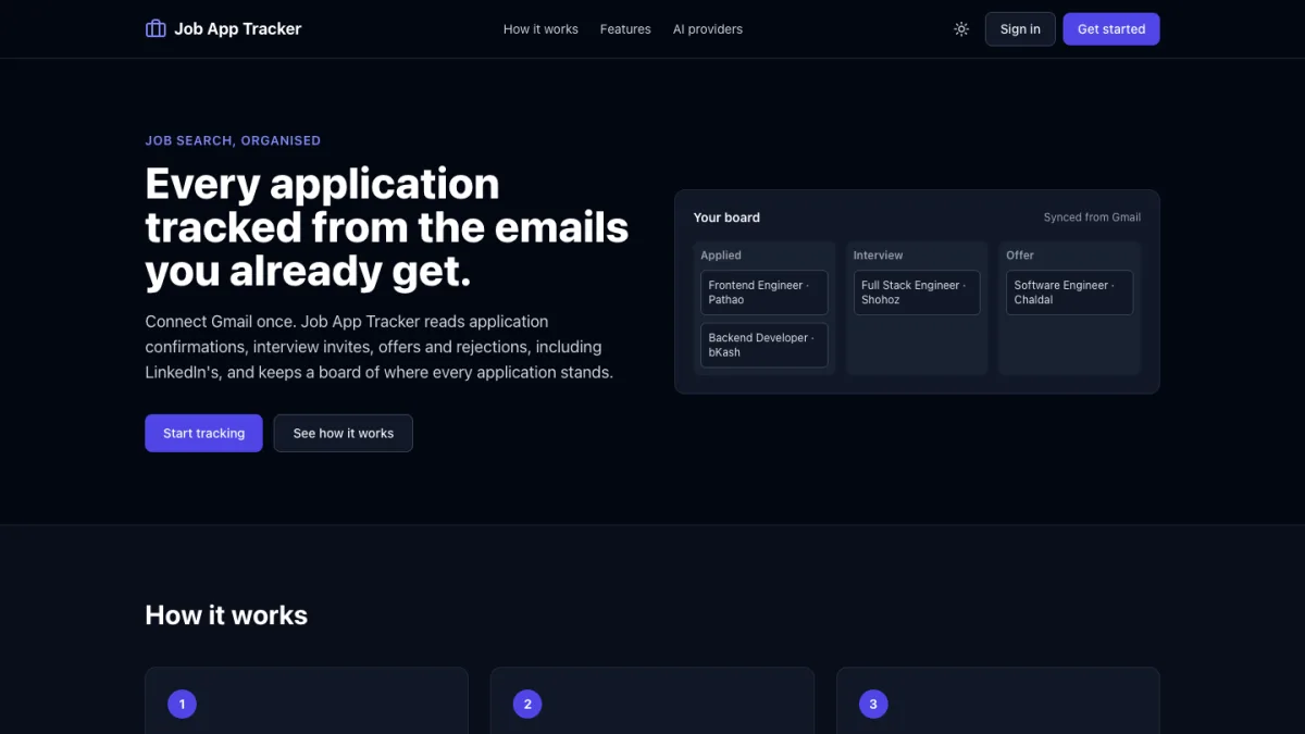 Job App Tracker home page: every application tracked from the emails you already get, with a sample board