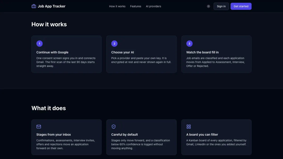 Job App Tracker how it works: continue with Google, choose your AI, watch the board fill in
