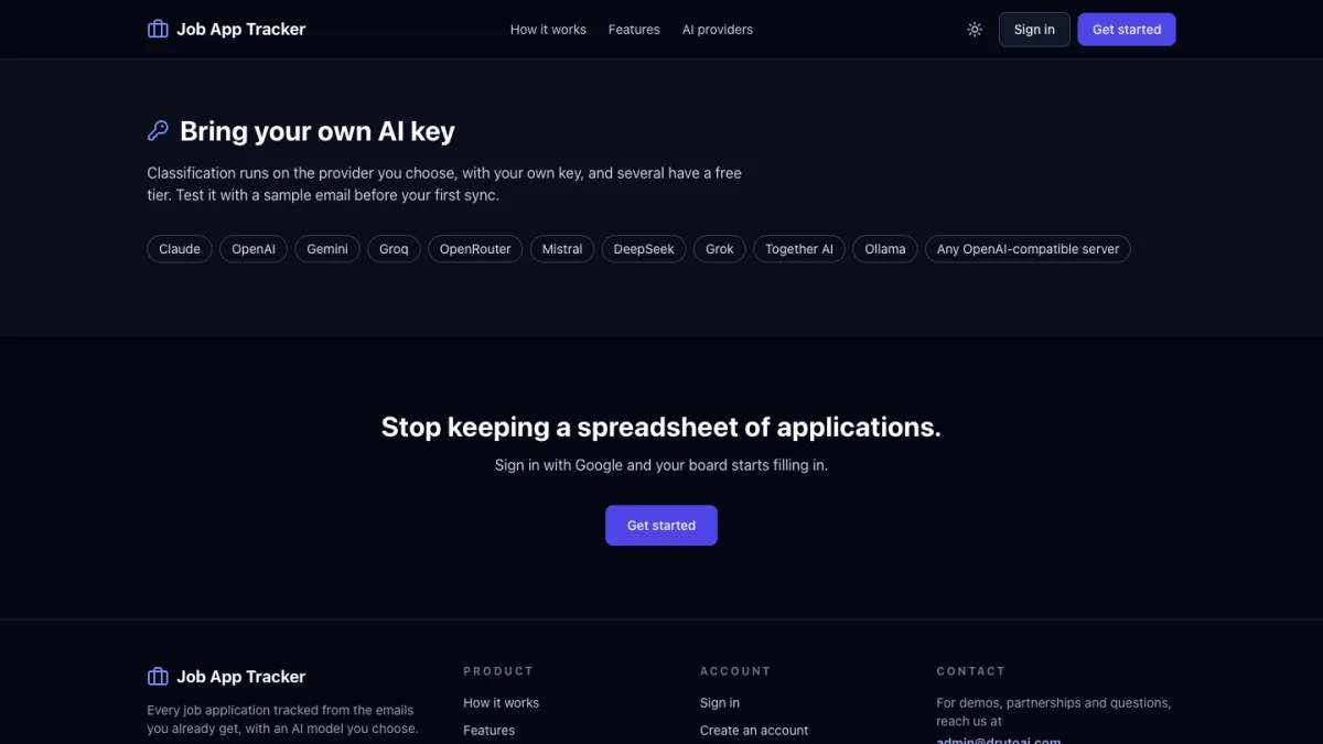 Job App Tracker AI providers: bring your own key for Claude, OpenAI, Gemini, Groq and other providers