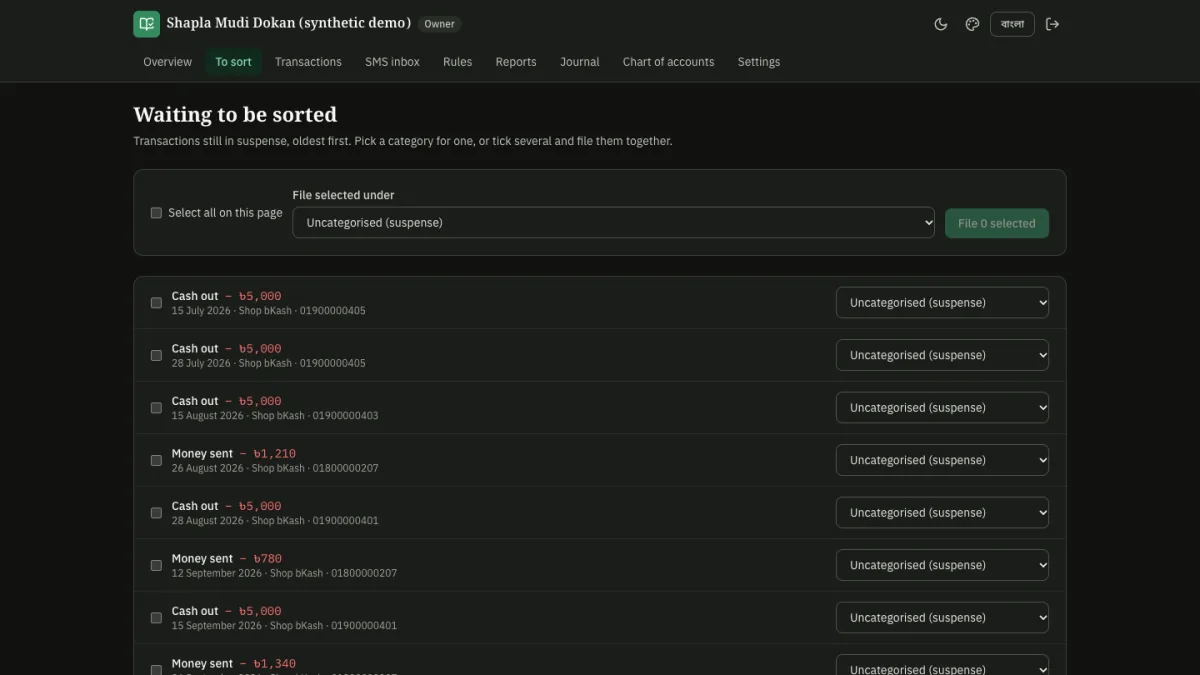 Joma-Khoroch to-sort queue: SMS transactions waiting for a category, with suggested categories