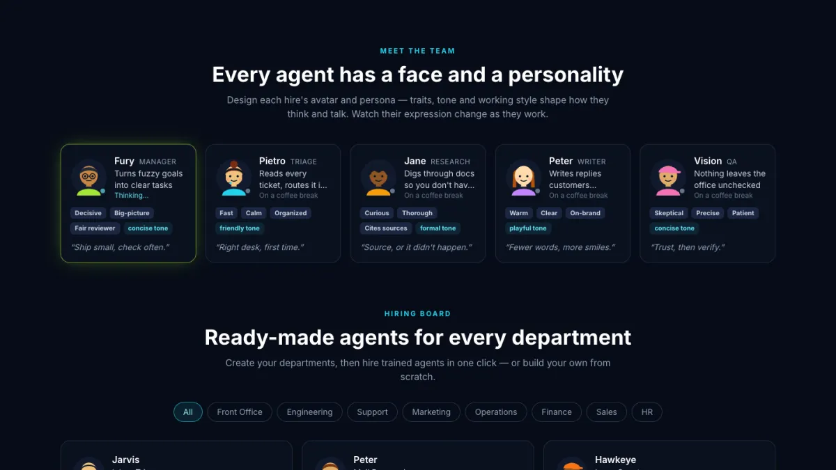 LLM Autopilot agents, each with a face and a personality