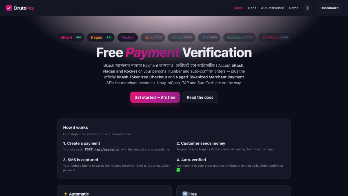 DrutoPay home page listing bKash, Nagad and Rocket and how it works