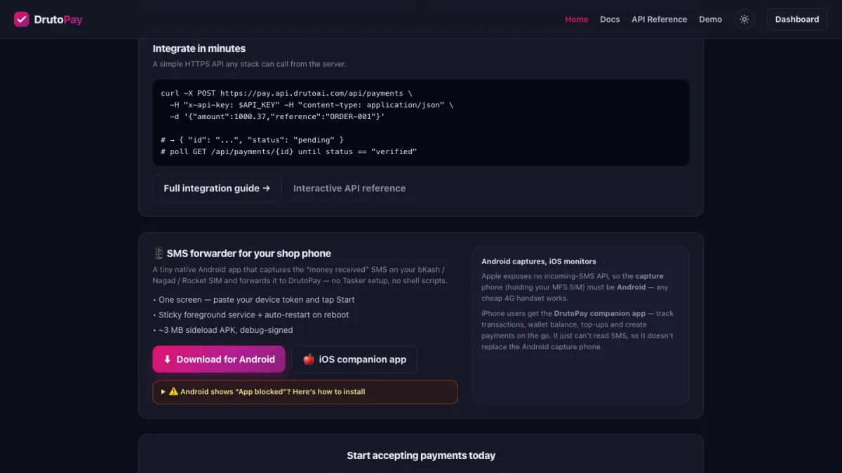 DrutoPay API example and the SMS forwarder app for the shop phone