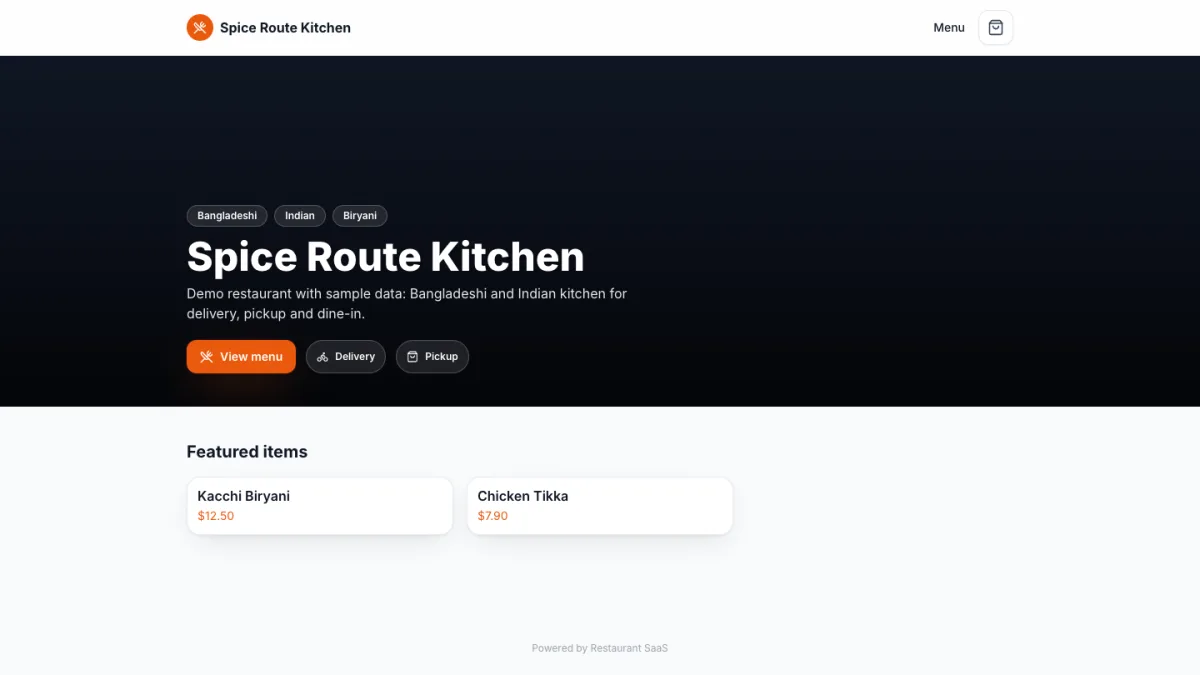 A demo restaurant's branded storefront with featured dishes