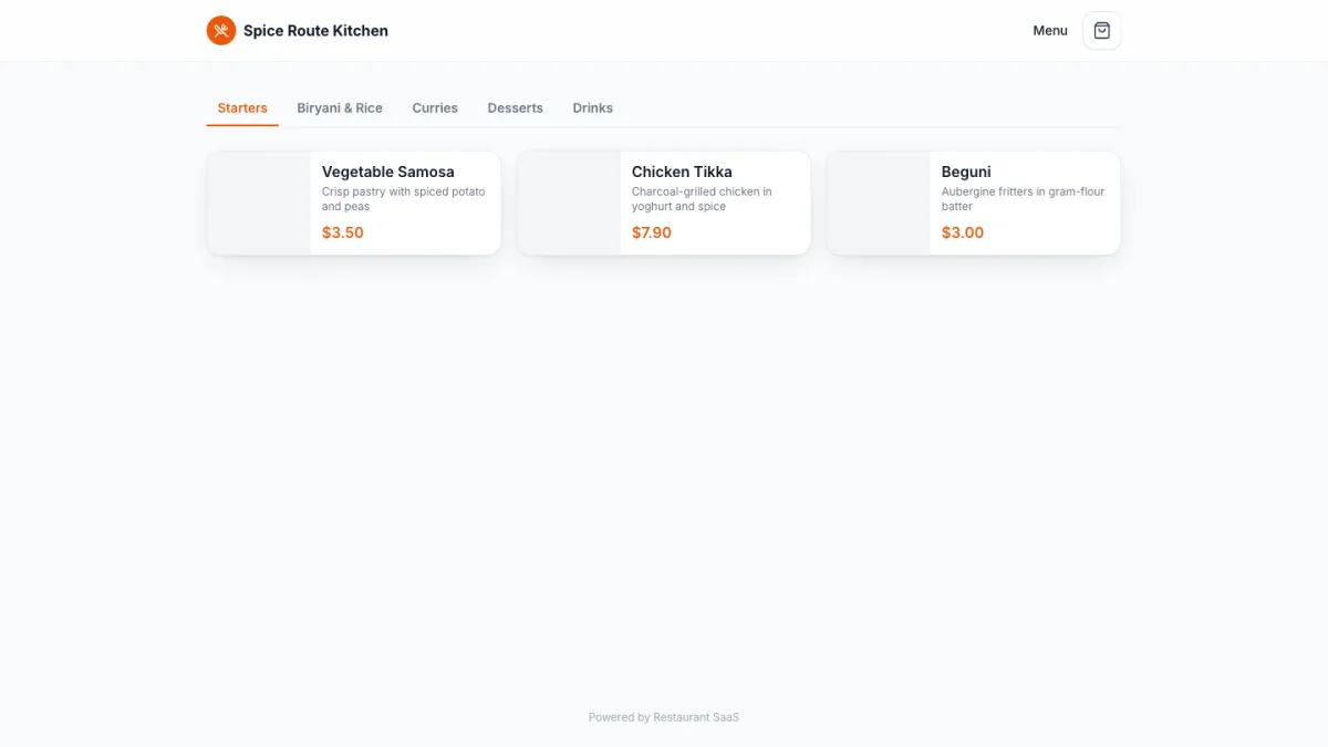Storefront menu grouped into starters, biryani, curries, desserts and drinks