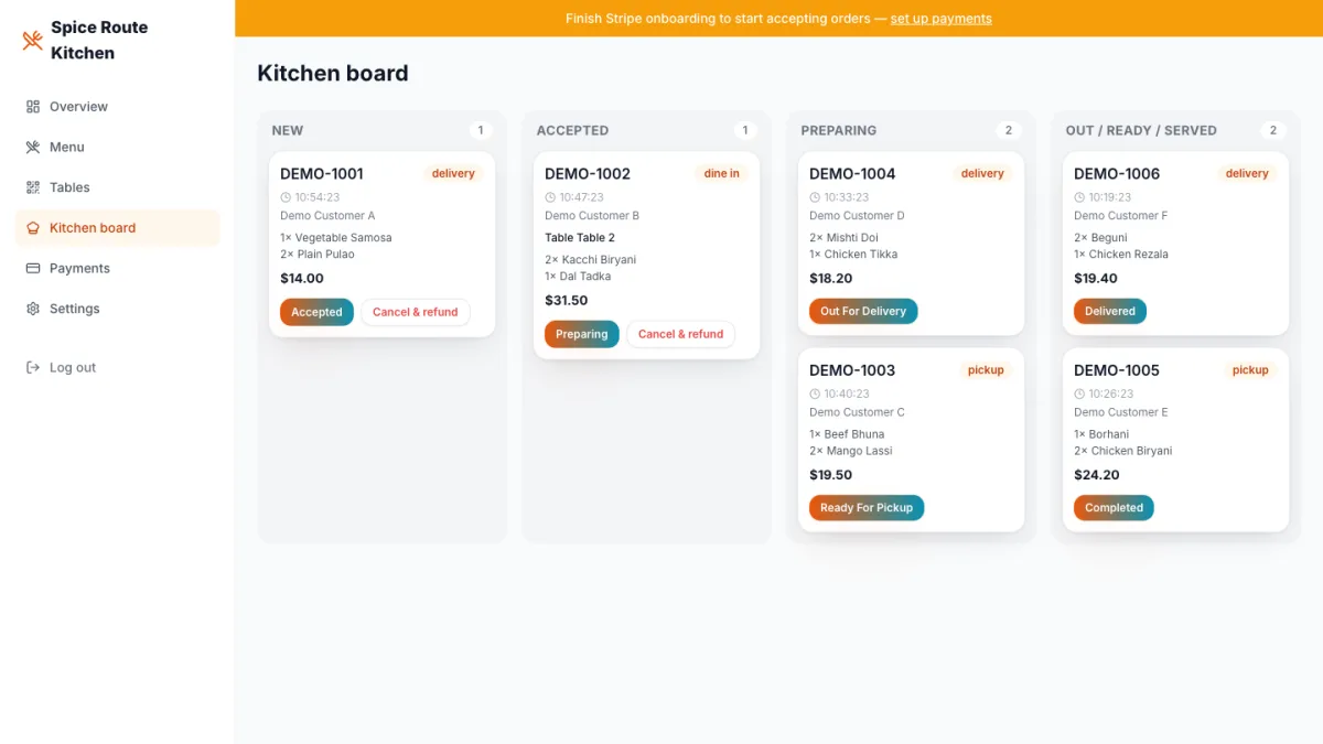 Owner kitchen board with new, accepted, preparing and ready orders