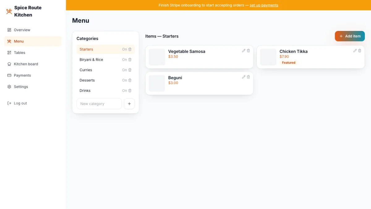 Owner menu manager with categories, prices and option groups