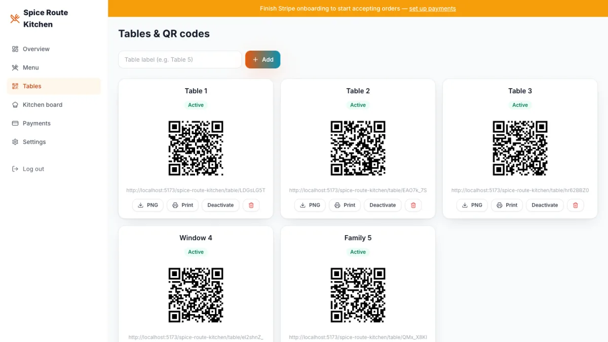 Tables with a printable QR code each for dine-in ordering