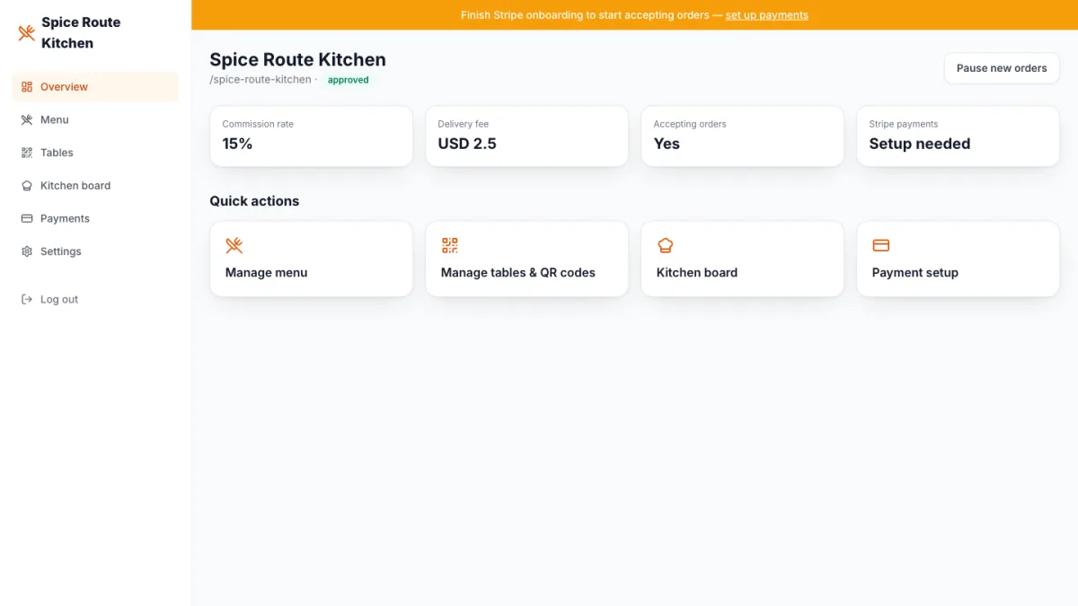 Owner overview with commission, delivery fee and payment status